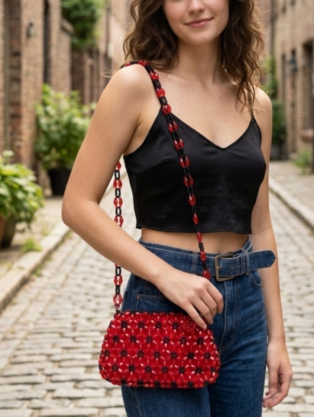 Vintage Y2K Red & Black Candy Dot  Faceted Bead Crossbody Bag